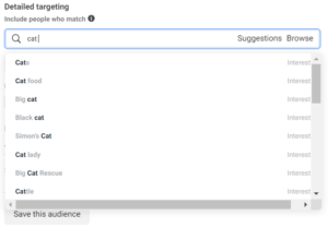 Facebook Ads Manager showcasing the interest results for "cat"