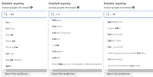 Facebook Ads Manager showcasing the interest results for "cat"